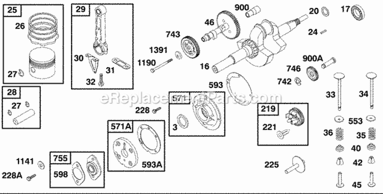 Piston Rings Crankshaft Camshaft Bearing Supports Diagram and Parts List for 32K437-0112-01  Briggs and Stratton Engine